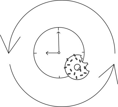 A conceptual illustration showing a clock face with a donut, partially eaten, inside, surrounded by circular arrows, representing the cyclical nature of time and indulgence.