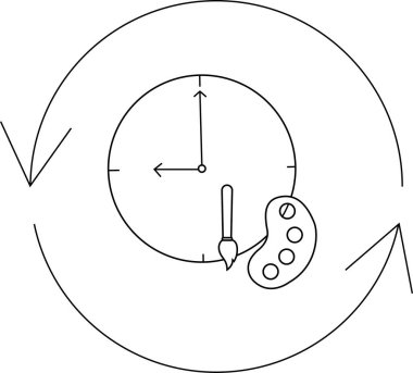 A conceptual illustration showing a clock with a paintbrush and palette, surrounded by a circular arrow, symbolizing the cyclical nature of creative time.