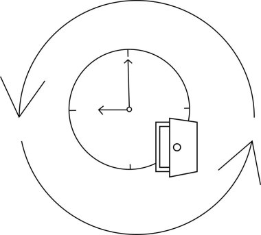 A conceptual illustration showing a clock face with hands, a door, and circular arrows, representing a time loop or cyclical event.