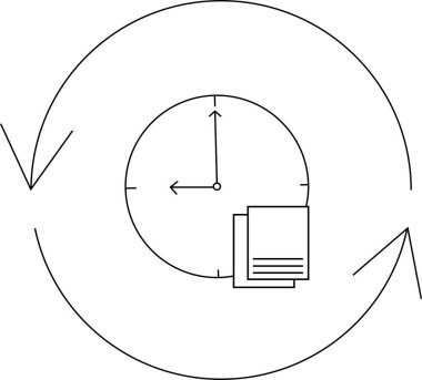 Illustration depicting time management with a clock, documents, and circular arrows, symbolizing the cyclical nature of tasks and deadlines.