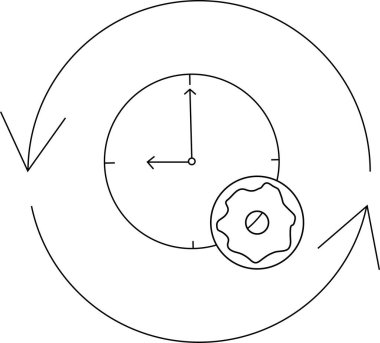 A conceptual illustration showing time management, featuring a clock, circular arrows indicating a cycle, and a gear representing process.