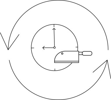 A symbolic illustration featuring a clock, a cleaver, and circular arrows, suggesting a theme of time management or urgency in food preparation.