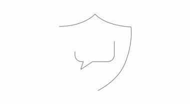 Konuşma balonu ve okları olan, güvenli iletişimi, veri korumasını ve mahremiyeti simgeleyen bir kalkan. Teknoloji, güvenlik ve mahremiyetle ilgili içerik için ideal.