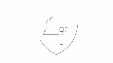 Güvenlik, koruma ve inşaatı temsil eden bir kalkanın içinde çan ve çekiç bulunan basit bir çizgi sanat ikonu. Güvenlik ve onarım temaları için ideal.