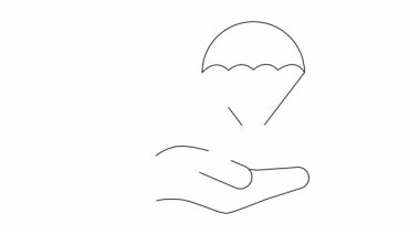 Basit bir sanat animasyonu paraşütle bekleyen bir ele tıbbi yardım yapıldığını gösteriyor. Sağlık desteği ve acil yardımı sembolize eder.