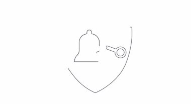 Canlandırılmış güvenlik sistemi simgesi bir kalkan, zil ve anahtar içeriyor. Güvenlik, koruma ve alarm sistemi kavramları için mükemmel.