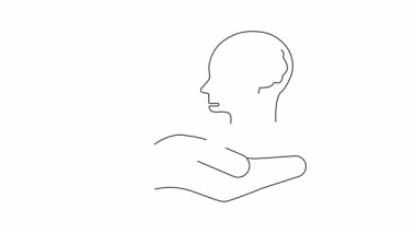 Bir el, içinde megafon olan bir beyni tutar. Etkiyi, iletişimi ve fikirlerin gücünü sembolize eder. Minimalist çizgi sanat tasarımı.