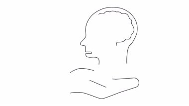 İnsan kafasının içindeki bir dizüstü bilgisayarı gösteren kavramsal bir illüstrasyon, teknolojiyi ve dijital düşünmeyi sembolize ediyor, bir elle destekleniyor..