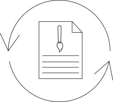 Dairesel oklarla çevrili, sanatsal yaratımı ve güncellemeleri sembolize eden, boya fırçasıyla bir belgeyi tasvir eden basit bir çizgi sanat simgesi.