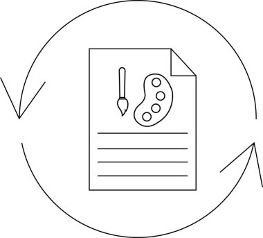 Sanatsal sürecin görsel bir temsili, sanat malzemeleri ve dairesel okların yer aldığı, yinelemeyi ve yaratıcı gelişimi sembolize eden bir belge.