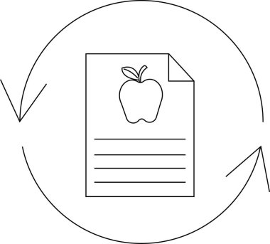 Üzerinde elma olan bir belge, eğitim materyallerinin sürekli yenilenmesini sembolize eden dairesel bir okla çevrilidir..