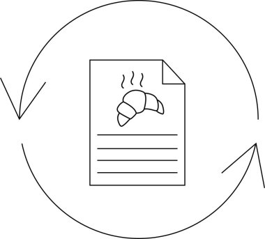 Dairesel tazeleme sembolü içerisindeki kruvasan tarifi belgesinin basit bir çizgisi çizimi, sürekli fırınlama ve taze hamur işlerinden zevk alma döngüsünü temsil ediyor..