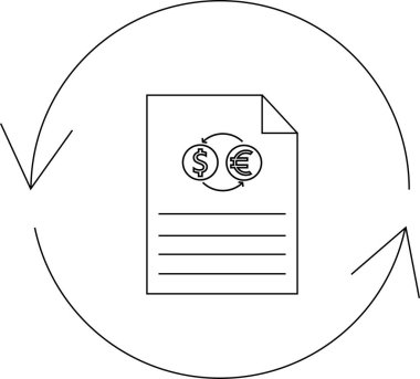 Para birimi belge simgesi dairesel oklarla, finansal işlemleri ve küresel ekonomiyi basit bir çizgi sanat tarzında temsil eder.