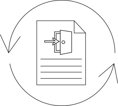 Dairesel bir ok içinde belge alımını, veri transferini, entegrasyonunu ve kusursuz iş akışı süreçlerini sembolize eden temiz çizgi sanat simgesi.