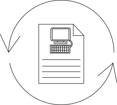 Bilgisayar simgesine sahip bir belge, veri işlemeyi, dosya dönüşümünü veya sistem güncellemelerini sembolize eden dairesel bir okun içine eklenir.