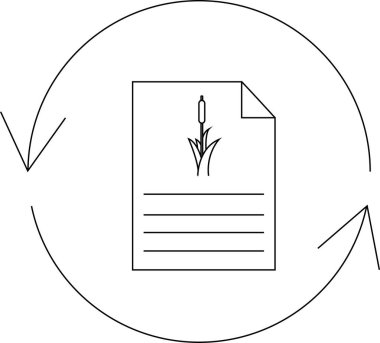 Basit bir çizgi sanat tarzında yenilenme, güncelleme veya çevre temalarını sembolize eden, sazlık simgesi ve dairesel okları olan bir belge.