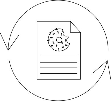 Tatlı bir tazeleme veya güncelleme döngüsünü sembolize eden, bilgi güncellemeleri iletimi için mükemmel bir donut grafiği ile bir belgenin stilize bir illüstrasyonu.