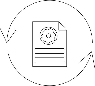 Bir belgede çörek tarifini tasvir eden minimalist bir çizgi çizimi, dairesel bir okla çevrelenmiş, pişirme talimatlarındaki güncellemeleri veya düzeltmeleri sembolize ediyor..