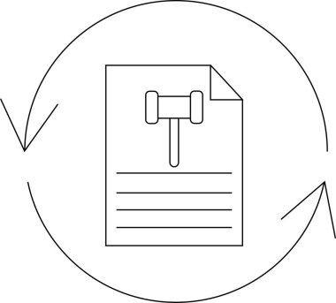 Hukuki belgenin yenilenmesinin sembolik bir temsili, temiz, minimalist bir ikon tasarımı yoluyla adalet sistemi güncellemelerini ve düzenleyici uyumluluğu vurguluyor.