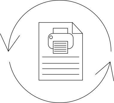 Bir belgenin üzerindeki bir yazıcı simgesi dairesel oklarla çevrilidir, belge işlemeyi, iş akışı otomasyonunu ve ofis görevlerindeki sürekli gelişmeyi sembolize eder..
