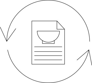 Bir tarif tazeleme simgesi, dairesel oklarla çevrili, tarif güncellemelerini veya değişiklikleri sembolize eden bir belge üzerinde bir kase içerir..
