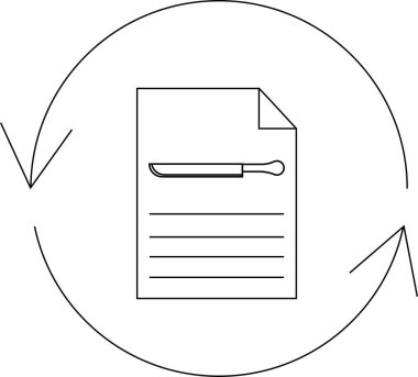 Bıçak simgesini içeren bir tarif belgesi dairesel oklarla yenilenir, mutfak talimatlarındaki güncellemeleri veya düzeltmeleri sembolize eder.