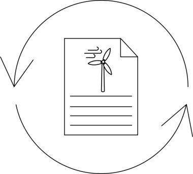Geri dönüşüm sembolüyle çevrelenmiş yenilenebilir enerjiyi sembolize eden sürdürülebilirlik ve çevresel sorumluluğu temsil eden bir rüzgar türbini simgesini içeren bir belge.