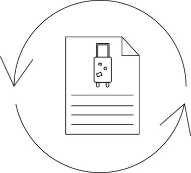 Dairesel oklarla çevrili, güncellemeleri veya değişiklikleri sembolize eden, bavullu bir seyahat belgesini tasvir eden basit bir çizgi sanat simgesi.