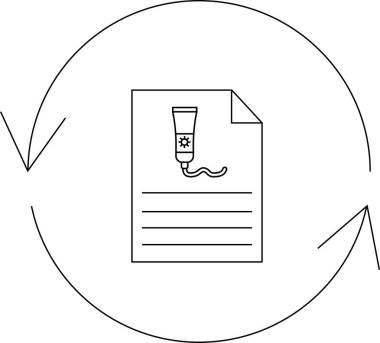 Geri dönüşüm sembolü ile çevrelenmiş, beyaz üzerine izole edilmiş bir ürün bilgi tablosu üzerinde basit bir güneş kremi çizimi.