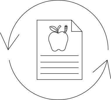Bir okul kağıdı ikonu, bir elma ve solucan ile çevrili, dairesel bir ok ile eğitim ve öğrenmeyi sembolize ediyor..