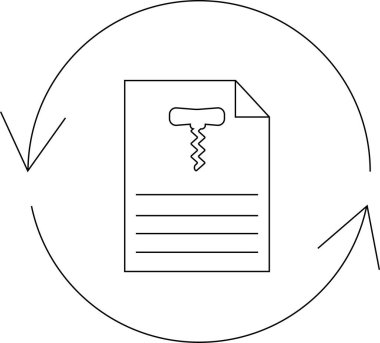 Bir şarap listesi tasvir eden basit bir çizgi sanat simgesi. Bir yenilenme veya güncelleme gösteren dairesel oklarla çevrili bir tirbuşon sembolü..