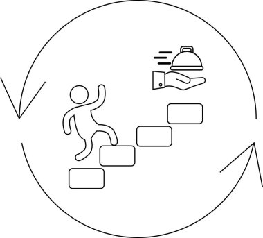Bir kişinin yemek servisi ödülüne giden basamakları tırmanması, kariyer ilerlemesini ve ilerlemenin döngüsel doğasını sembolize ediyor..