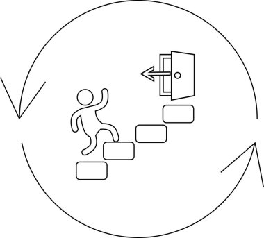 Açık bir kapıya doğru merdivenleri çıkan bir kişinin tasviri, kariyerin ilerlemesini, büyümesini ve ilerlemenin döngüsel doğasını simgeliyor..