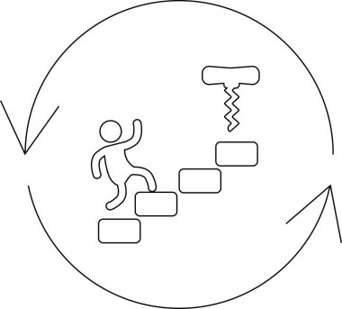 Bir kişinin dairesel, döngüsel bir süreç içinde tirbuşona doğru adımlar attığını gösteren sembolik bir illüstrasyon.