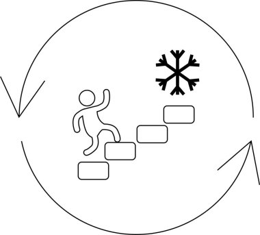 Bir kişinin kar tanesine doğru adımlar attığını gösteren sembolik bir çizim, bir kış yolculuğunu ya da ilerlemesini simgeliyor..