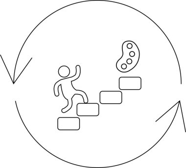 Bir kişinin dairesel bir ok içinde, sürekli büyüme ve gelişimi temsil eden bir sanatçı paletine doğru adımlar attığını gösteren sembolik bir çizim.
