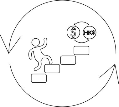 Dairesel, döngüsel bir süreç içinde yükselen bir figür olarak tasvir edilen döviz döviz sürüş ilerlemesinin sembolik bir temsili, sürekli mali büyüme ve kalkınma ortaya koymaktadır.