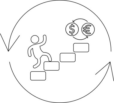 Finansal büyüme ve yatırımı temsil eden, dairesel bir döngü içinde döviz kuruna doğru adım adım tırmanan bir kişi tasviri.