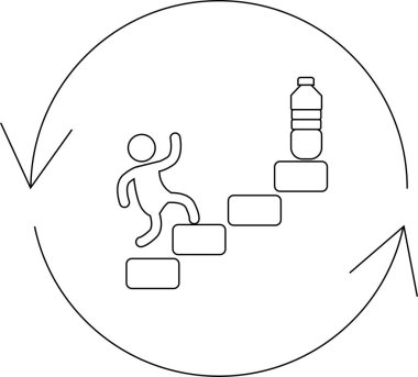 Geri dönüşüm sembolü ile çevrelenmiş bir şekilde su şişesine doğru tırmanan bir insan çizimi, çevresel hedefleri simgeliyor..