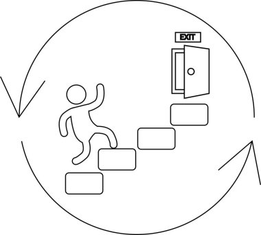 Basit bir siyah-beyaz çizimi bir çöp adamın dairesel bir okla çevrili çıkış kapısına doğru merdivenleri tırmandığını gösteriyor..