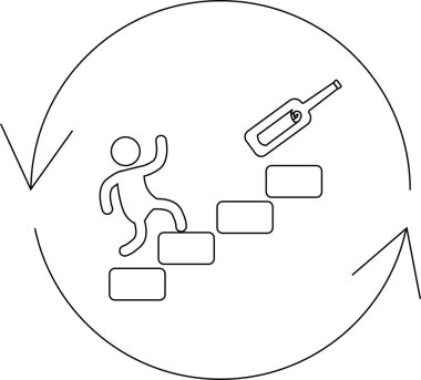 Bir kişinin termometreye doğru merdivenleri çıktığını gösteren sembolik bir çizim, sağlık gelişimi veya iyileşme sürecine işaret ediyor.