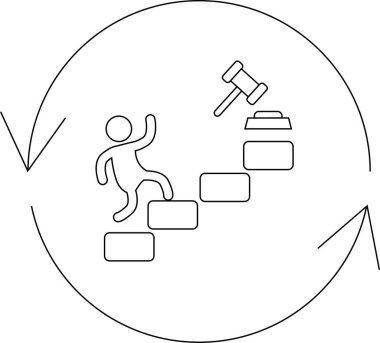 İllüzyon, bir kişinin tokmağa doğru adım attığını, yasal süreci ve adalet sistemini döngüsel bir çerçeve içinde temsil ettiğini gösteriyor..