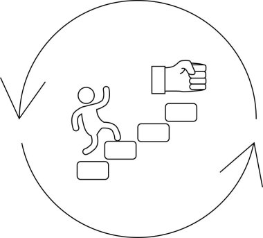 Basamakları tırmanan, zorlukların üstesinden gelen ve azim ve destek yoluyla hedeflere ulaşan bir figürü tasvir eden sembolik bir çizim..