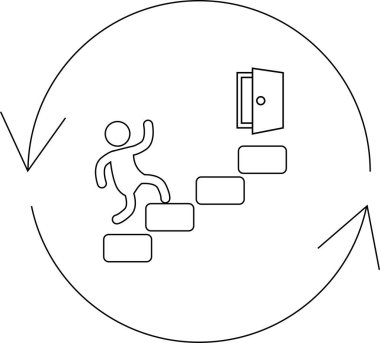 Düz bir figür, dairesel bir ok içinde, gelişimi ve döngüsel süreçleri simgeleyen açık bir kapıya doğru merdivenleri tırmanır..