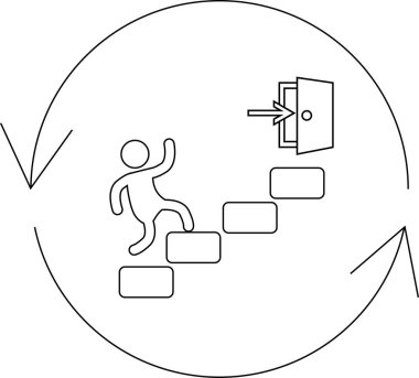 Çubuk figürü dairesel bir okun içindeki kapıya doğru merdiven çıkıyor, gelişimi ve döngü hareketini simgeliyor..