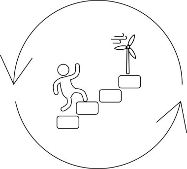 Çubuk bir figür, dairesel bir ok içinde rüzgar türbinine doğru adım atar. Bu da ilerlemeyi ve yenilenebilir enerjiyi simgeler..