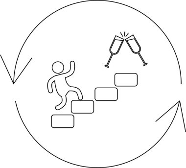 Aşamalı adımlarla başarıya ulaşmanın sembolik bir temsili. Kadeh kaldırmayla sonuçlanıyor. Hepsi sürekli bir ilerleme döngüsü içinde..