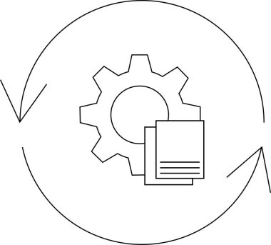 Icon depicting an automated process with a gear, documents, and circular arrows, symbolizing continuous operation and workflow.