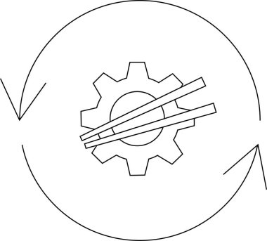 Dairesel bir ok, mekanik bir sistemde sürekli gelişim ve kültürel bütünleşme sürecini temsil eden yemek çubuklarıyla bir dişliyi sarar..