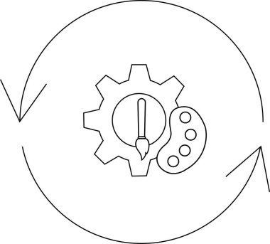 Yaratıcı sürecin sembolik bir temsili, döngüsel bir ok içinde bir dişli, fırça ve palet içerir.